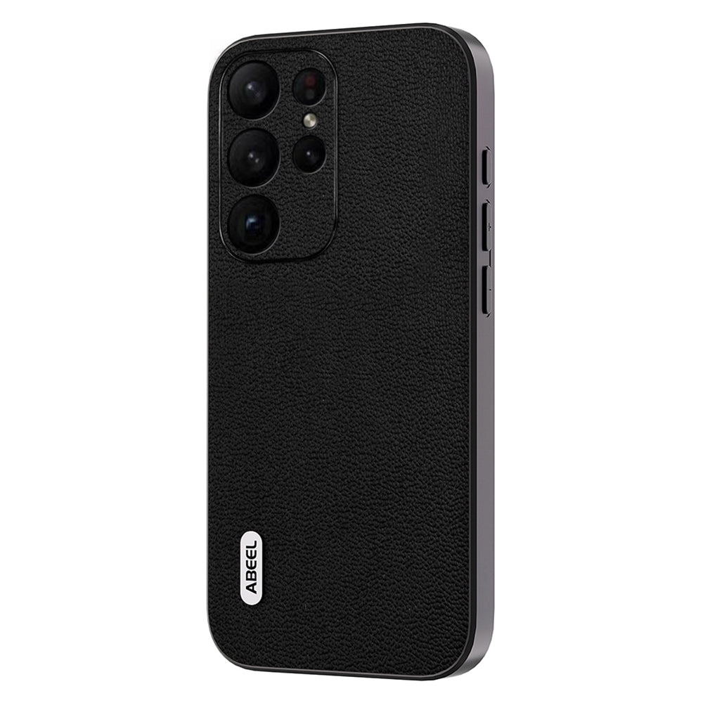 Uniqkart For Samsung Galaxy S23 Ultra Case Litchi Texture Genuine Cow Leather+PC+TPU Cover - Black