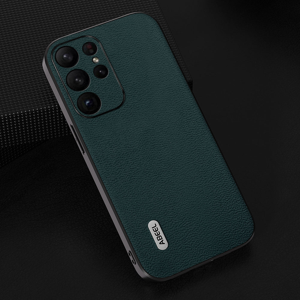 Uniqkart For Samsung Galaxy S23 Ultra Case Litchi Texture Genuine Cow Leather+PC+TPU Cover - Midnight Green