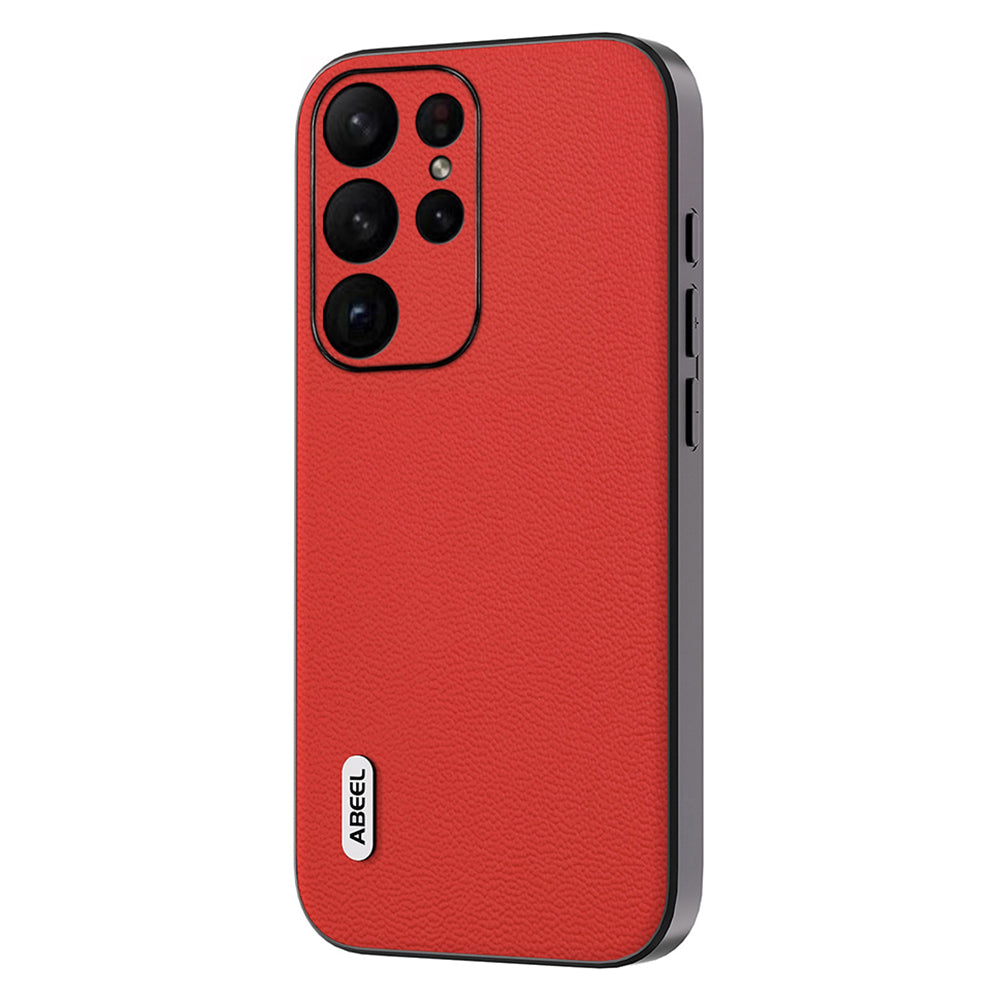 Uniqkart For Samsung Galaxy S23 Ultra Case Litchi Texture Genuine Cow Leather+PC+TPU Cover - Red