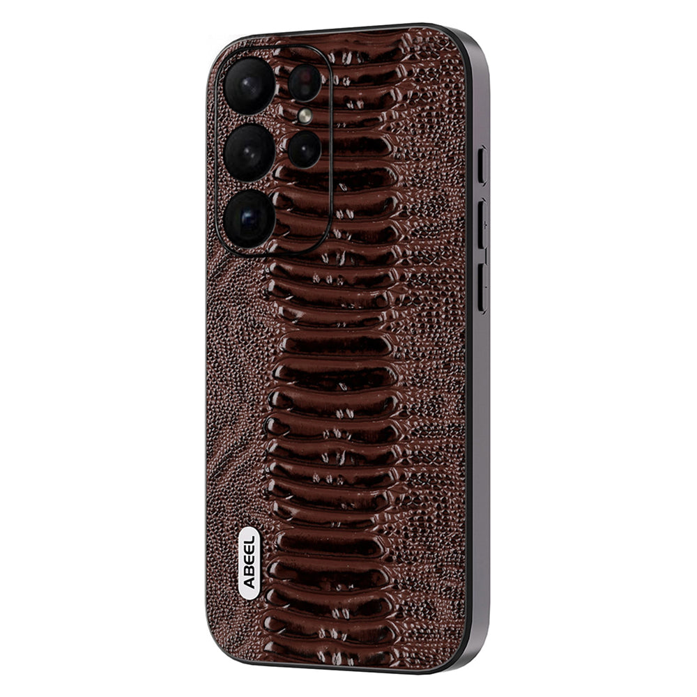 Uniqkart For Samsung Galaxy S23 Ultra Anti-Drop Crocodile Texture PC+TPU Phone Case Genuine Cow Leather Cover - Coffee