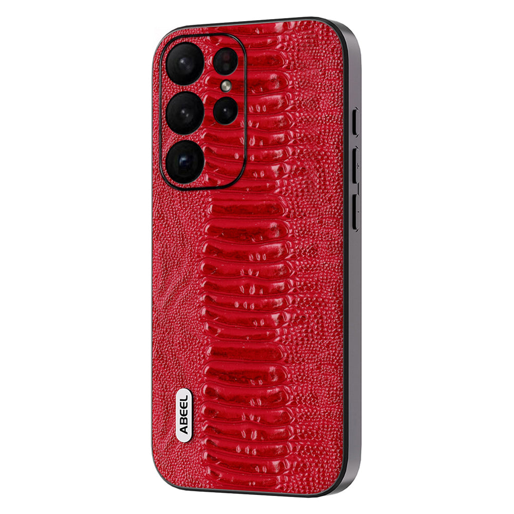 Uniqkart For Samsung Galaxy S23 Ultra Anti-Drop Crocodile Texture PC+TPU Phone Case Genuine Cow Leather Cover - Red