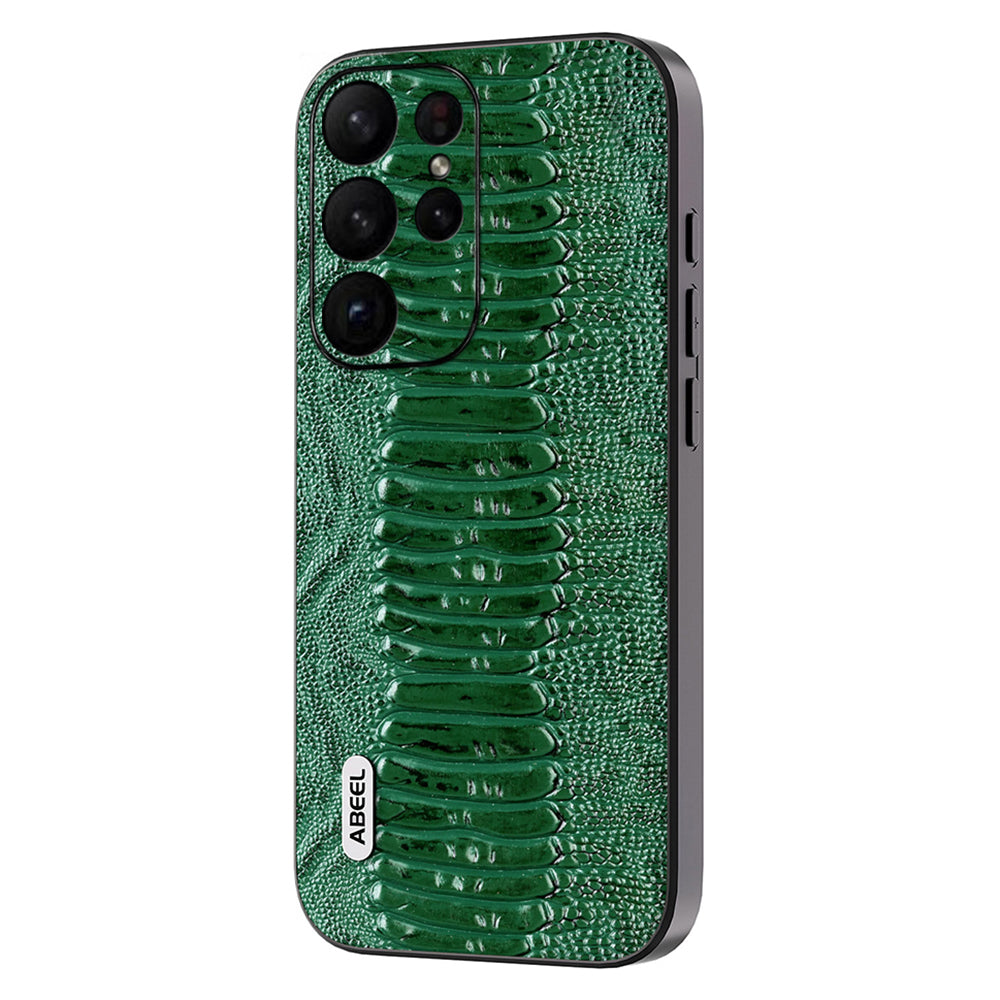 Uniqkart For Samsung Galaxy S23 Ultra Anti-Drop Crocodile Texture PC+TPU Phone Case Genuine Cow Leather Cover - Green