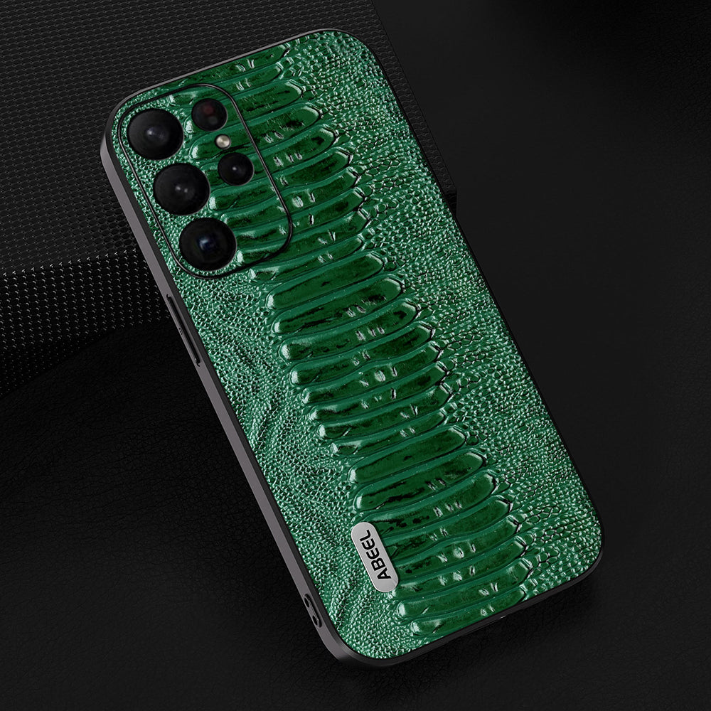 Uniqkart For Samsung Galaxy S23 Ultra Anti-Drop Crocodile Texture PC+TPU Phone Case Genuine Cow Leather Cover - Green