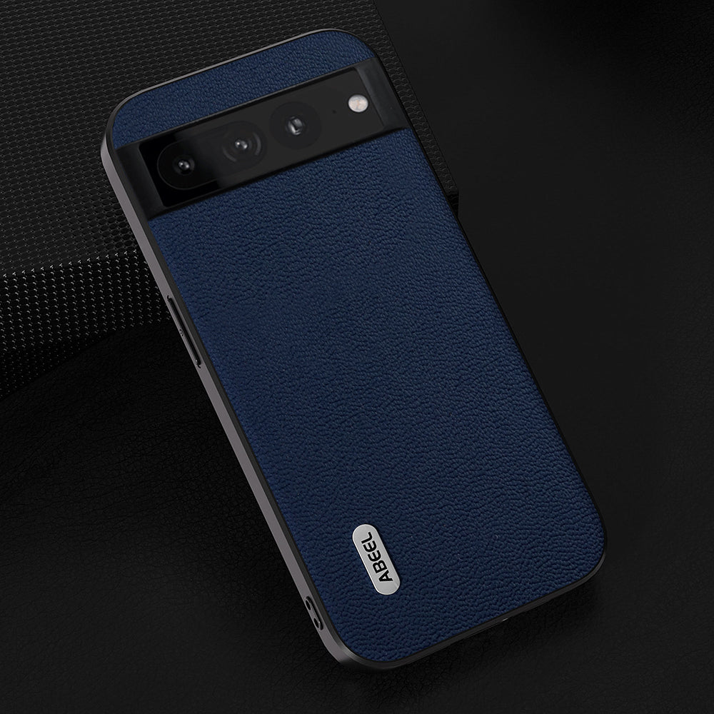 Uniqkart For Google Pixel 8 Pro Protective Slim Case Litchi Texture Genuine Cow Leather+PC+TPU Phone Cover - Blue