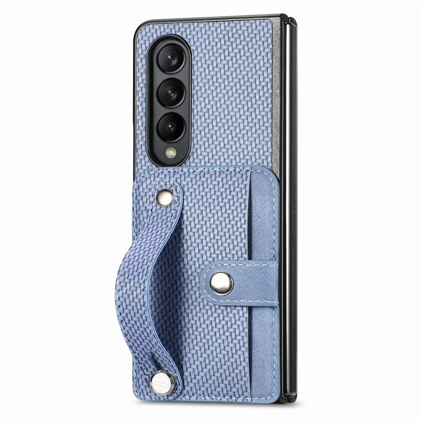 Card Slot Phone Cover for Samsung Galaxy Z Fold5 5G , PU Leather+PC Wristband Kickstand Cell Phone Case - Blue