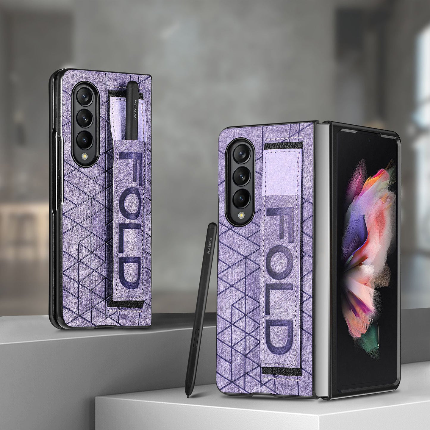 Telescopic Wristband Phone Cover for Samsung Galaxy Z Fold5 5G , PU Leather+PC Phone Case with Pen Slot - Purple