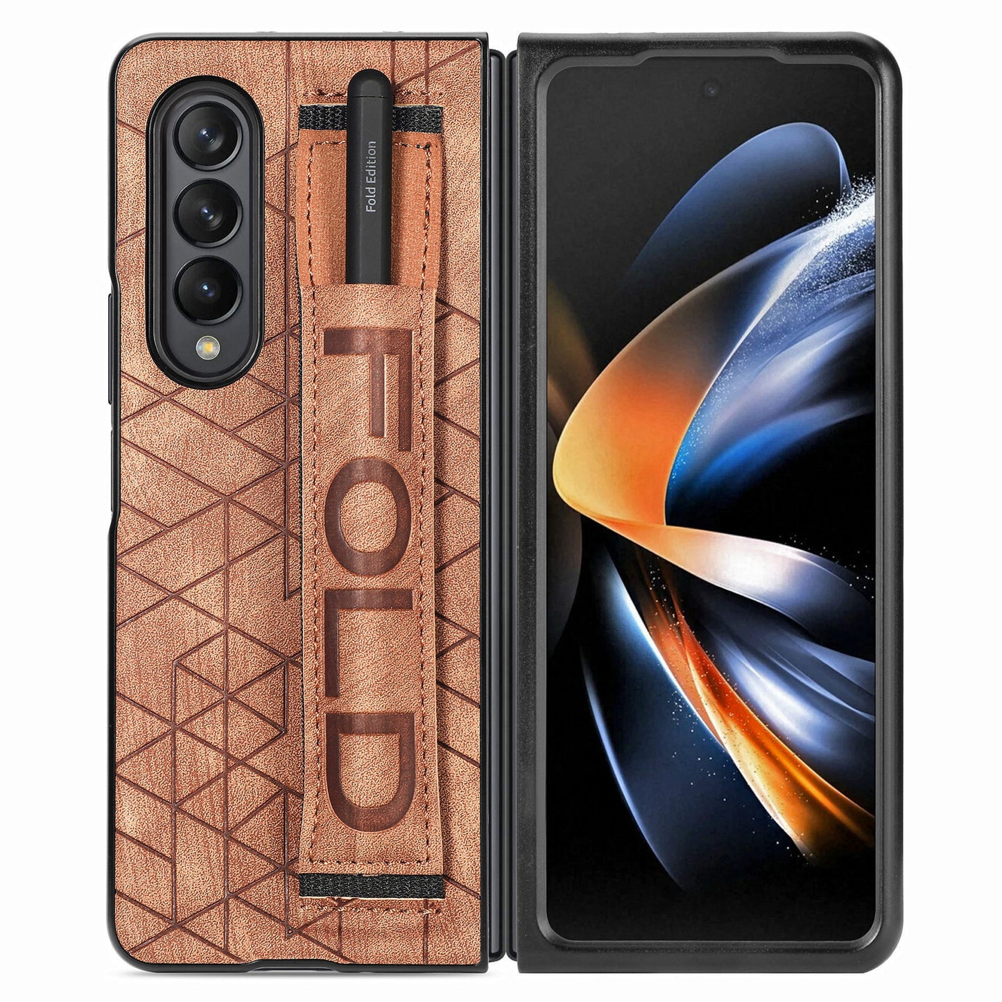 Telescopic Wristband Phone Cover for Samsung Galaxy Z Fold5 5G , PU Leather+PC Phone Case with Pen Slot - Brown