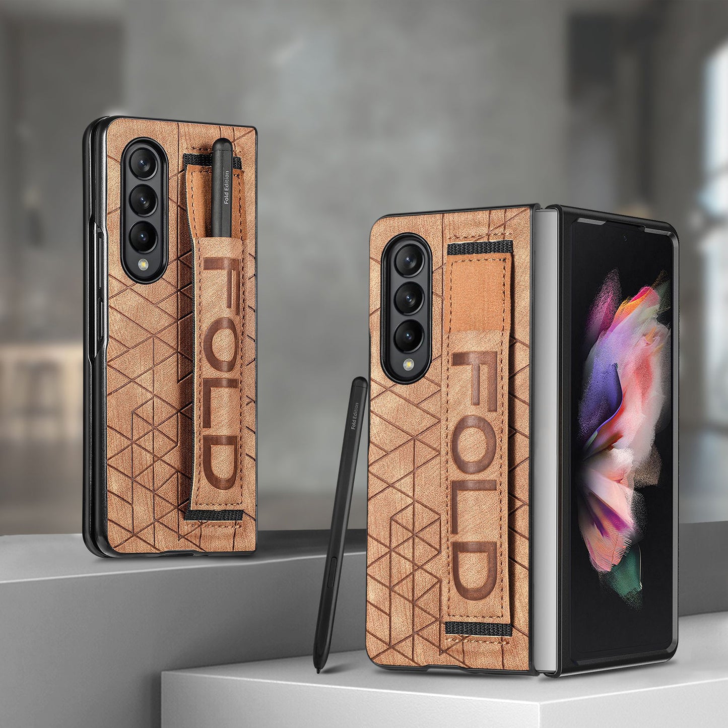 Telescopic Wristband Phone Cover for Samsung Galaxy Z Fold5 5G , PU Leather+PC Phone Case with Pen Slot - Brown