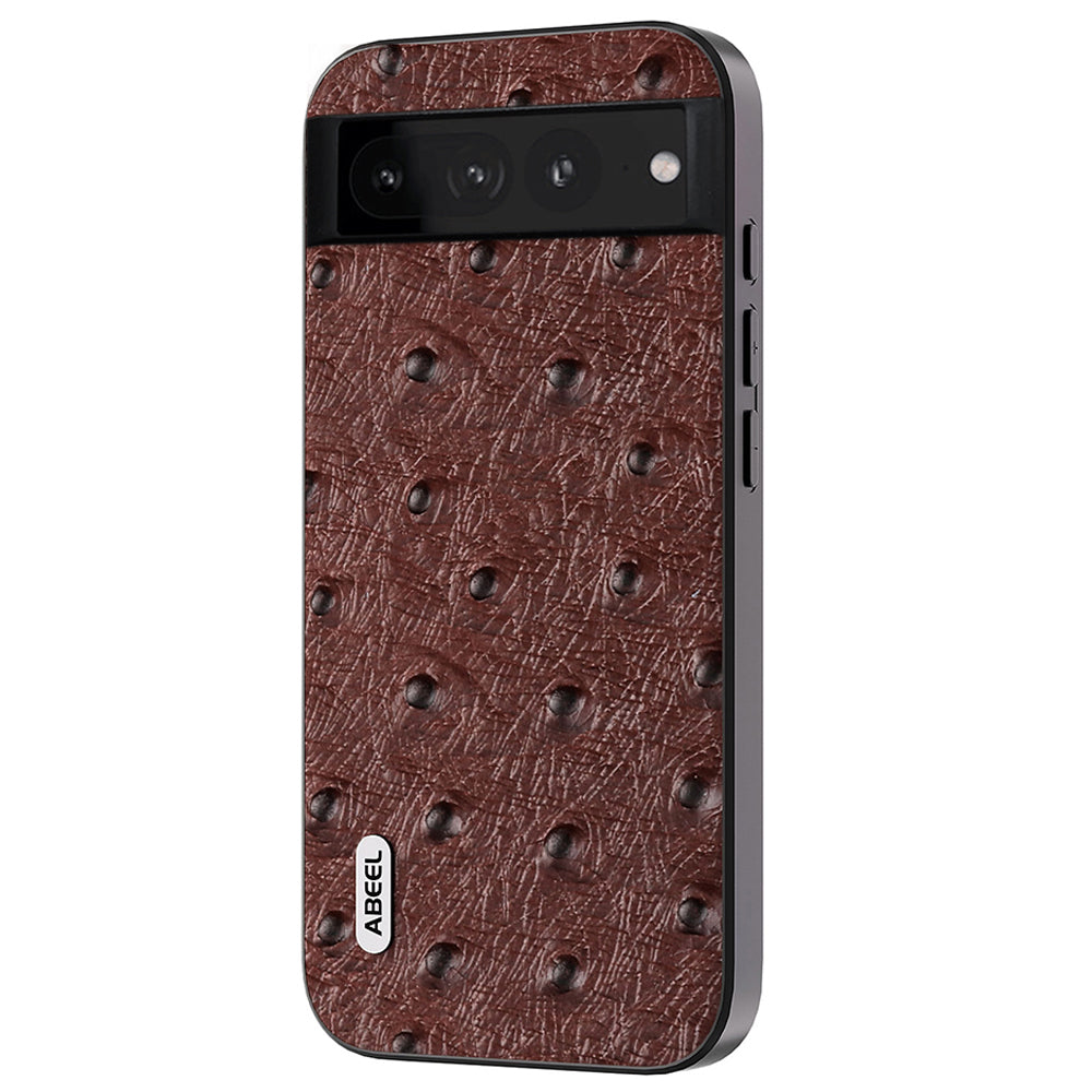 Uniqkart Ostrich Texture Back Case for Google Pixel 7 Pro 5G Genuine Cow Leather+PC+TPU Phone Cover - Coffee