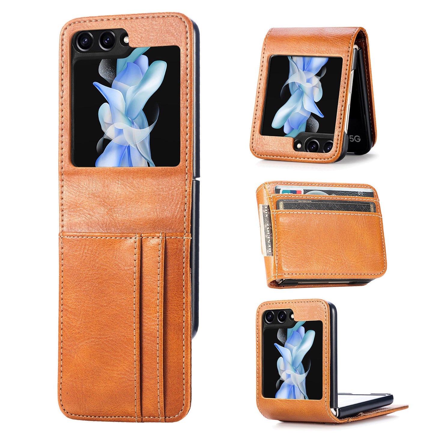 Uniqkart for Samsung Galaxy Z Flip5 5G Wallet Design Phone Case PU Leather+PC Cell Phone Cover - Brown