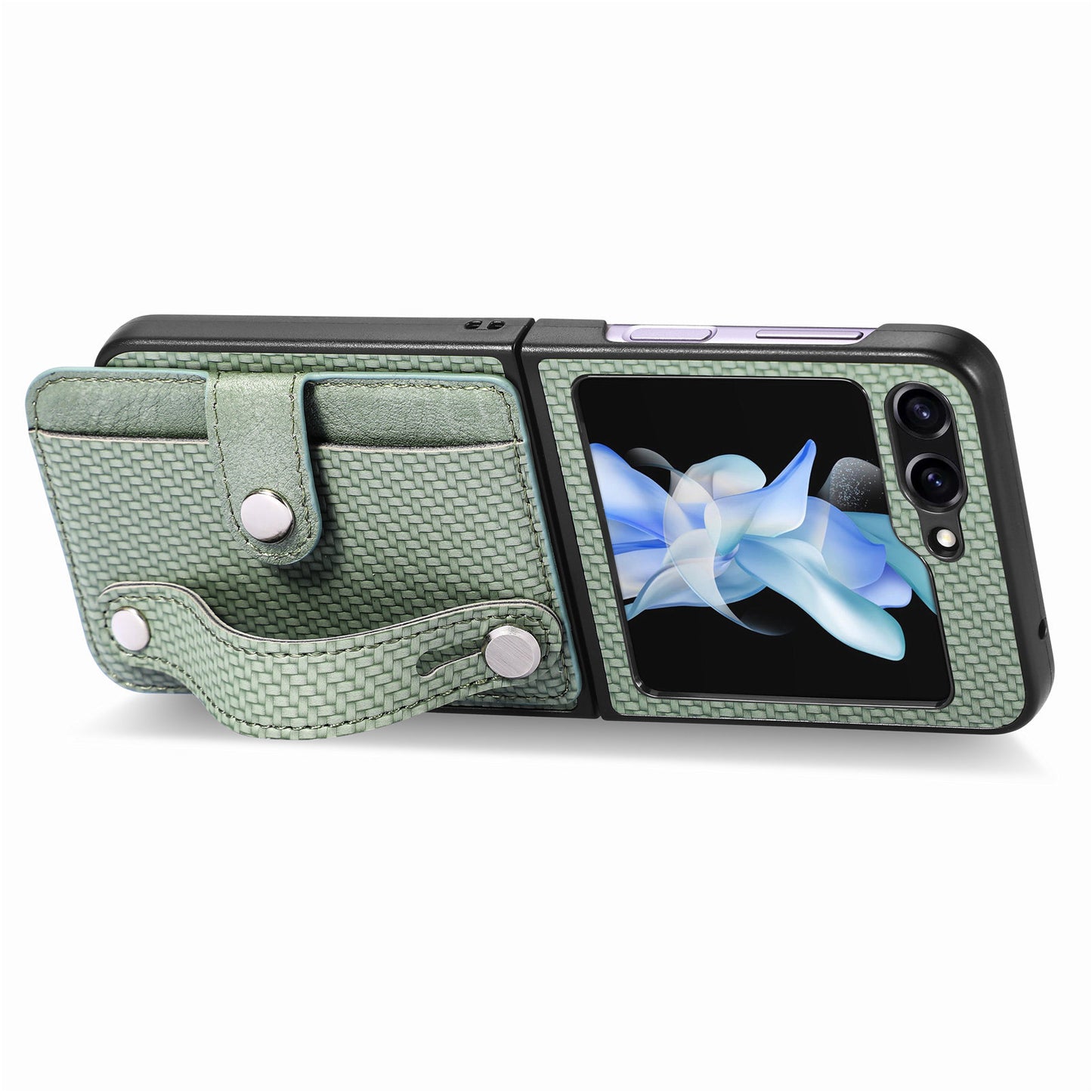 Uniqkart for Samsung Galaxy Z Flip5 5G Phone Case PU Leather+PC Wristband Kickstand Card Slot Phone Cover - Green