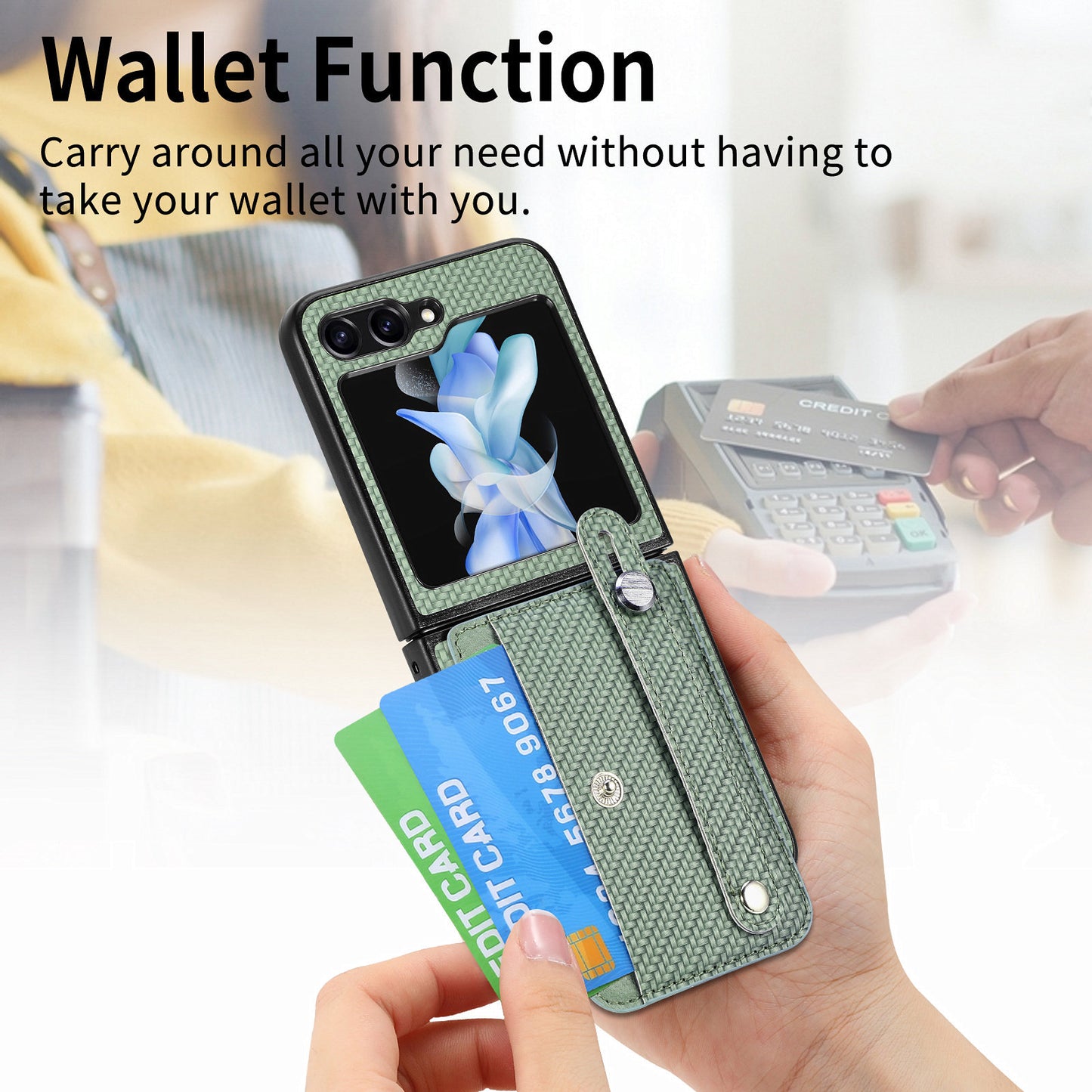 Uniqkart for Samsung Galaxy Z Flip5 5G Phone Case PU Leather+PC Wristband Kickstand Card Slot Phone Cover - Green