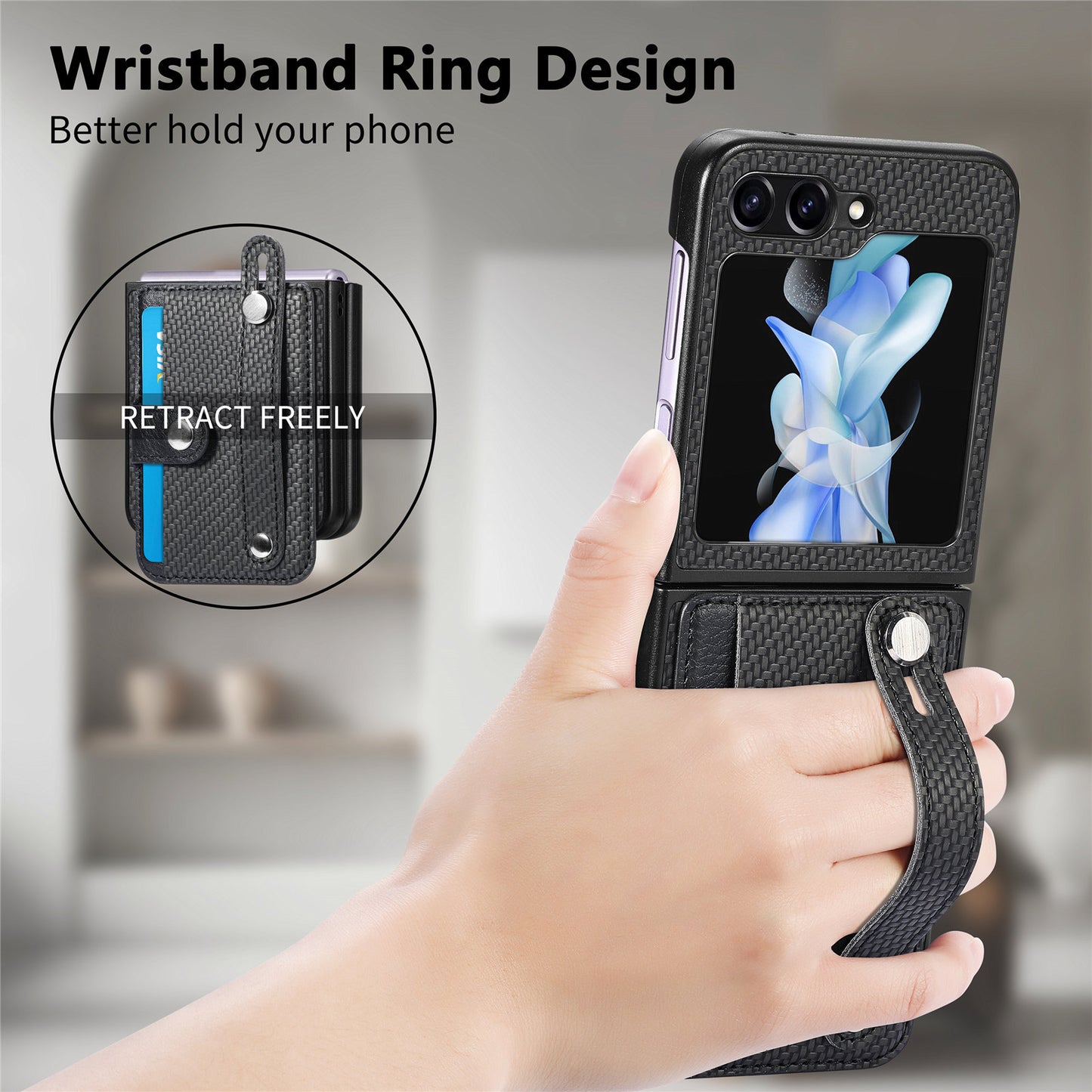 Uniqkart for Samsung Galaxy Z Flip5 5G Phone Case PU Leather+PC Wristband Kickstand Card Slot Phone Cover - Black
