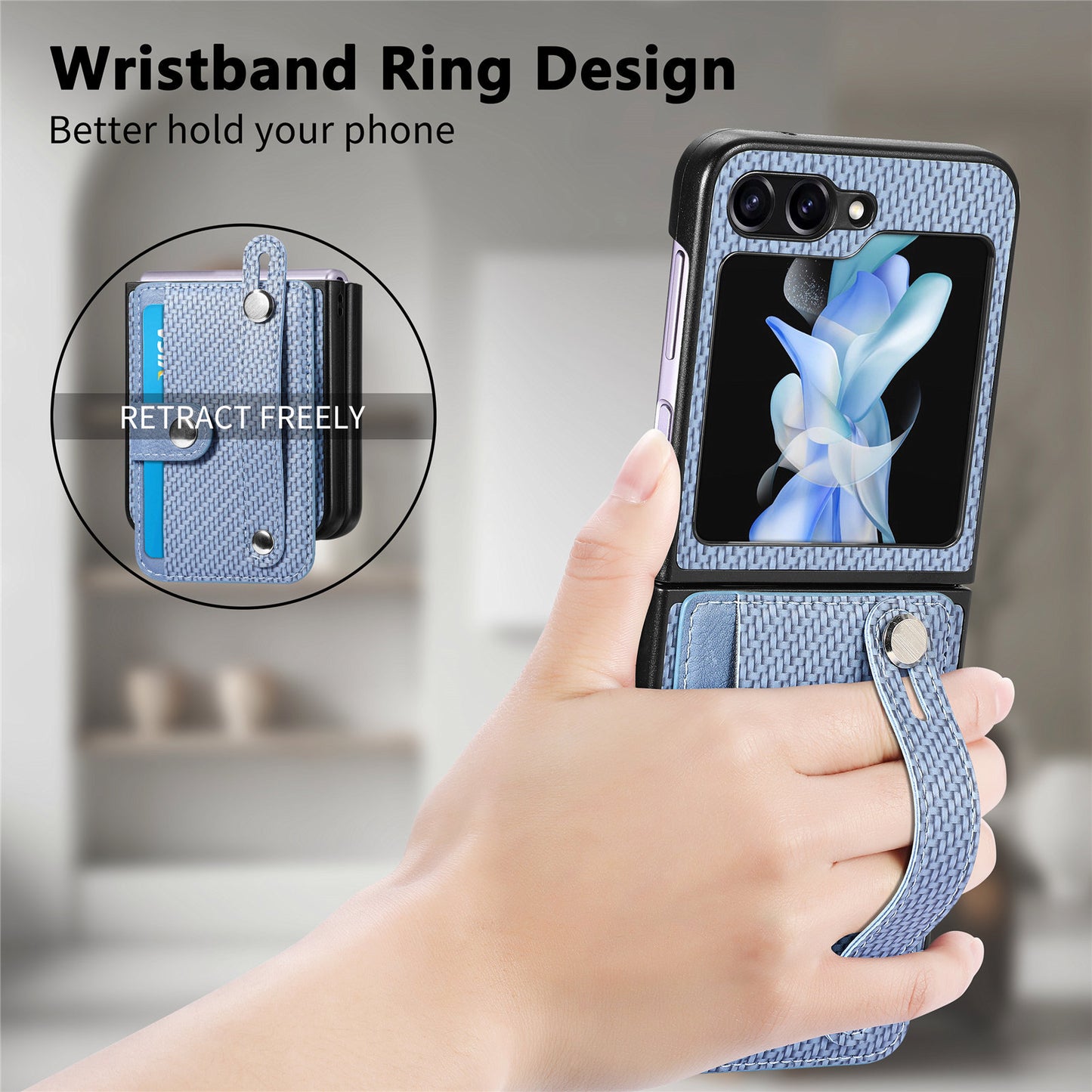 Uniqkart for Samsung Galaxy Z Flip5 5G Phone Case PU Leather+PC Wristband Kickstand Card Slot Phone Cover - Blue