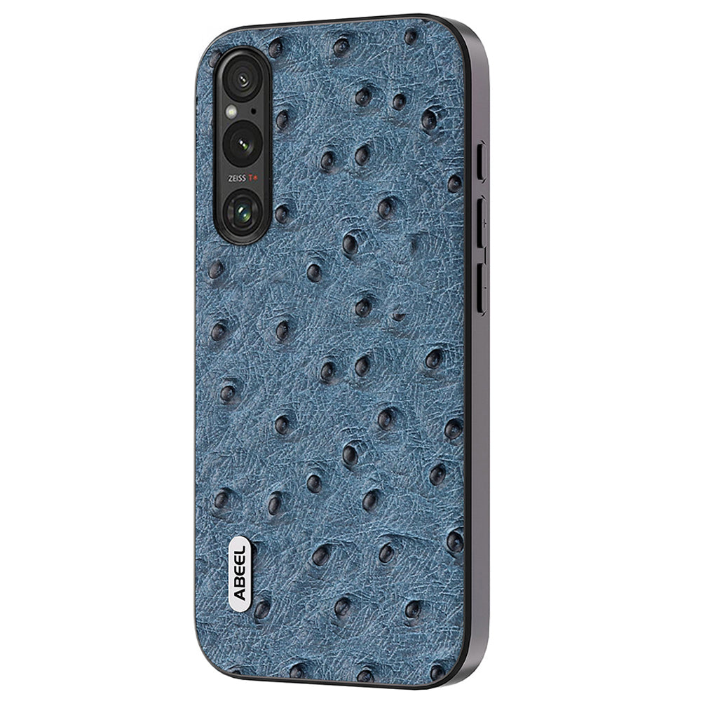 Uniqkart Shockproof Case for Sony Xperia 1 IV 5G , Ostrich Texture Genuine Cow Leather+PC+TPU Phone Back Cover - Blue