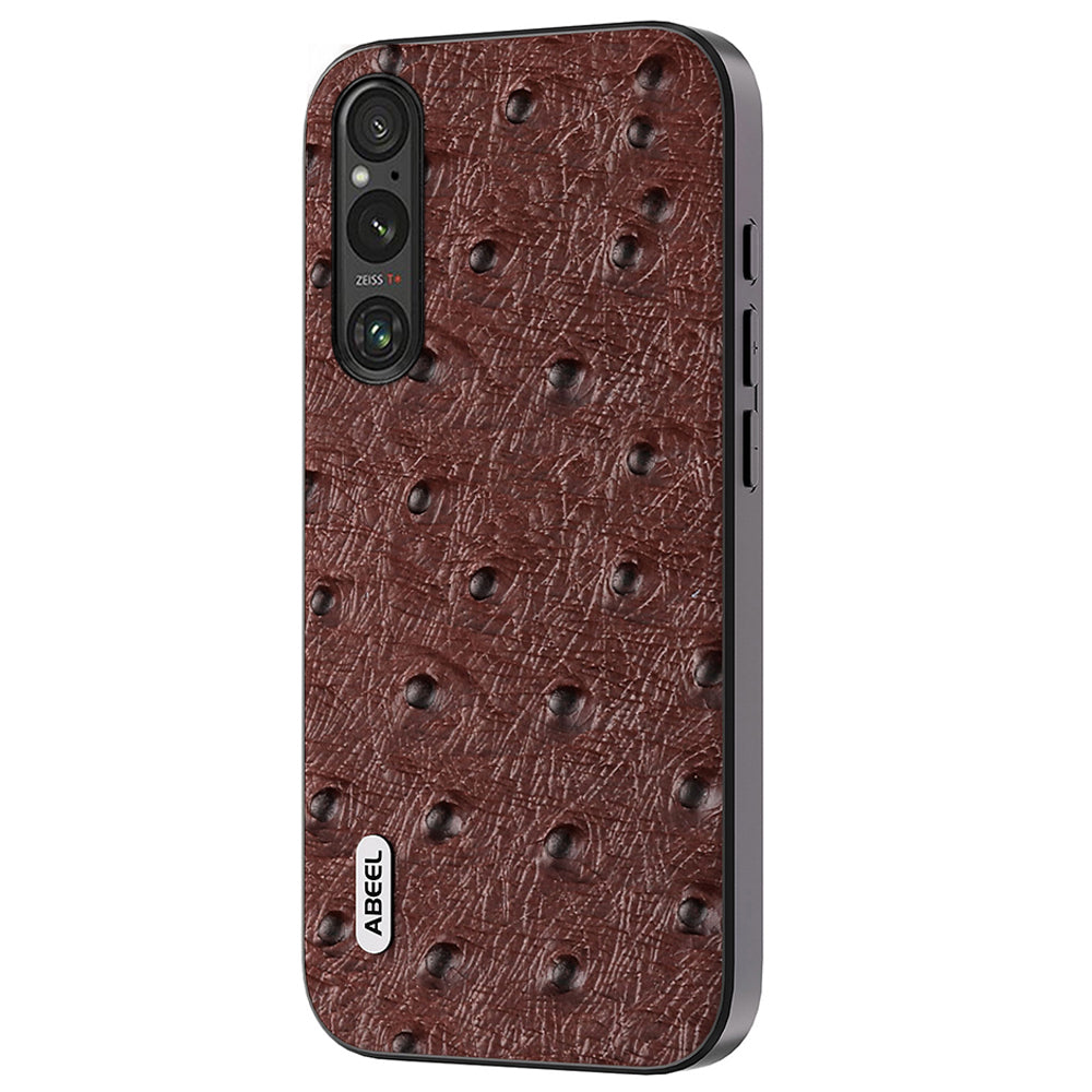 Uniqkart Shockproof Case for Sony Xperia 1 IV 5G , Ostrich Texture Genuine Cow Leather+PC+TPU Phone Back Cover - Coffee
