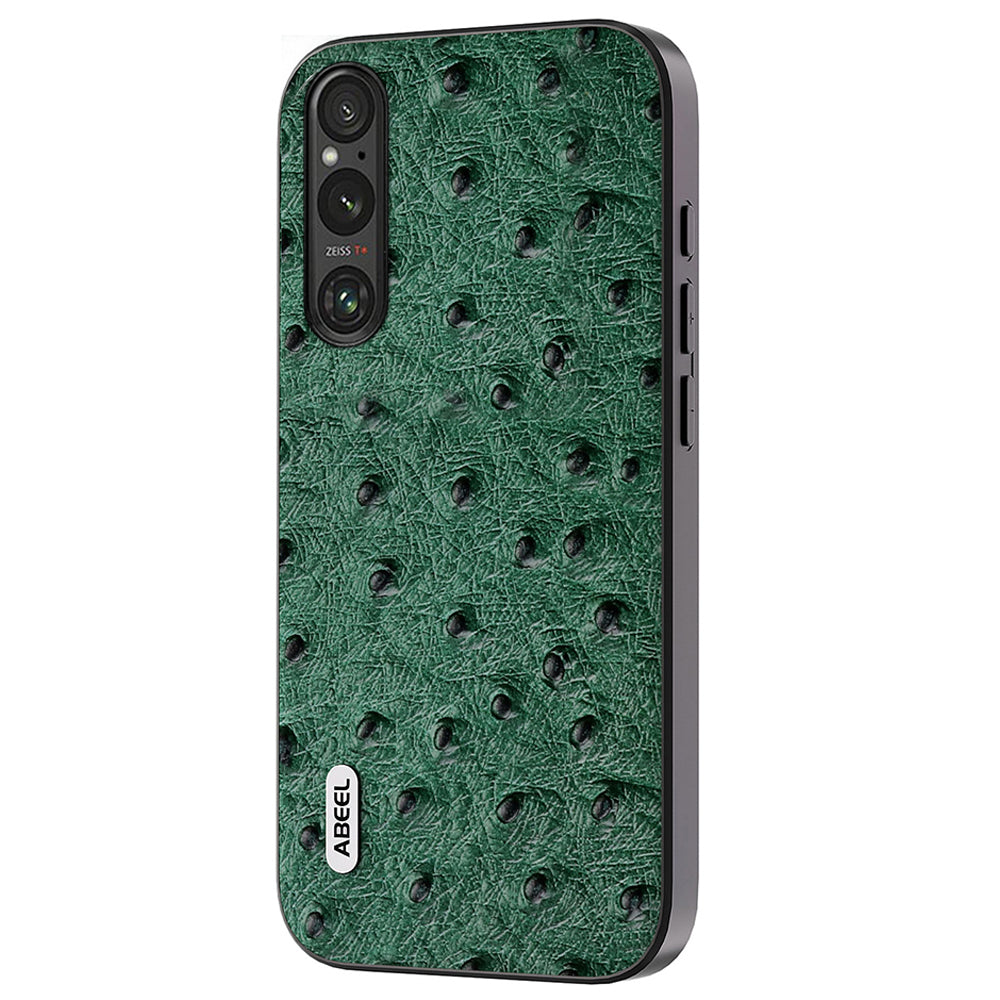 Uniqkart Shockproof Case for Sony Xperia 1 IV 5G , Ostrich Texture Genuine Cow Leather+PC+TPU Phone Back Cover - Green