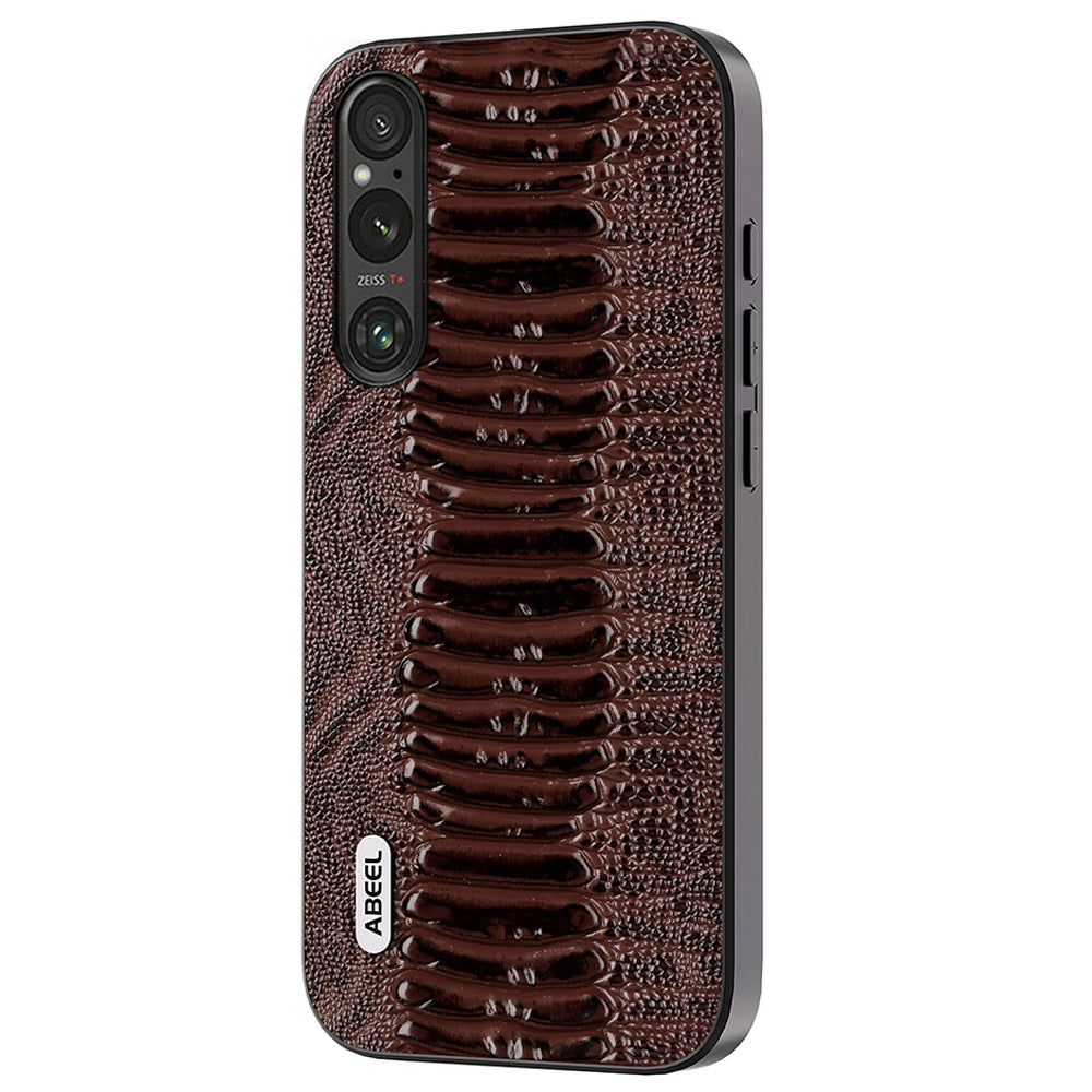 Uniqkart For Sony Xperia 1 IV 5G Anti-drop Crocodile Texture PC+TPU Phone Case Genuine Cow Leather Coated Cover - Coffee