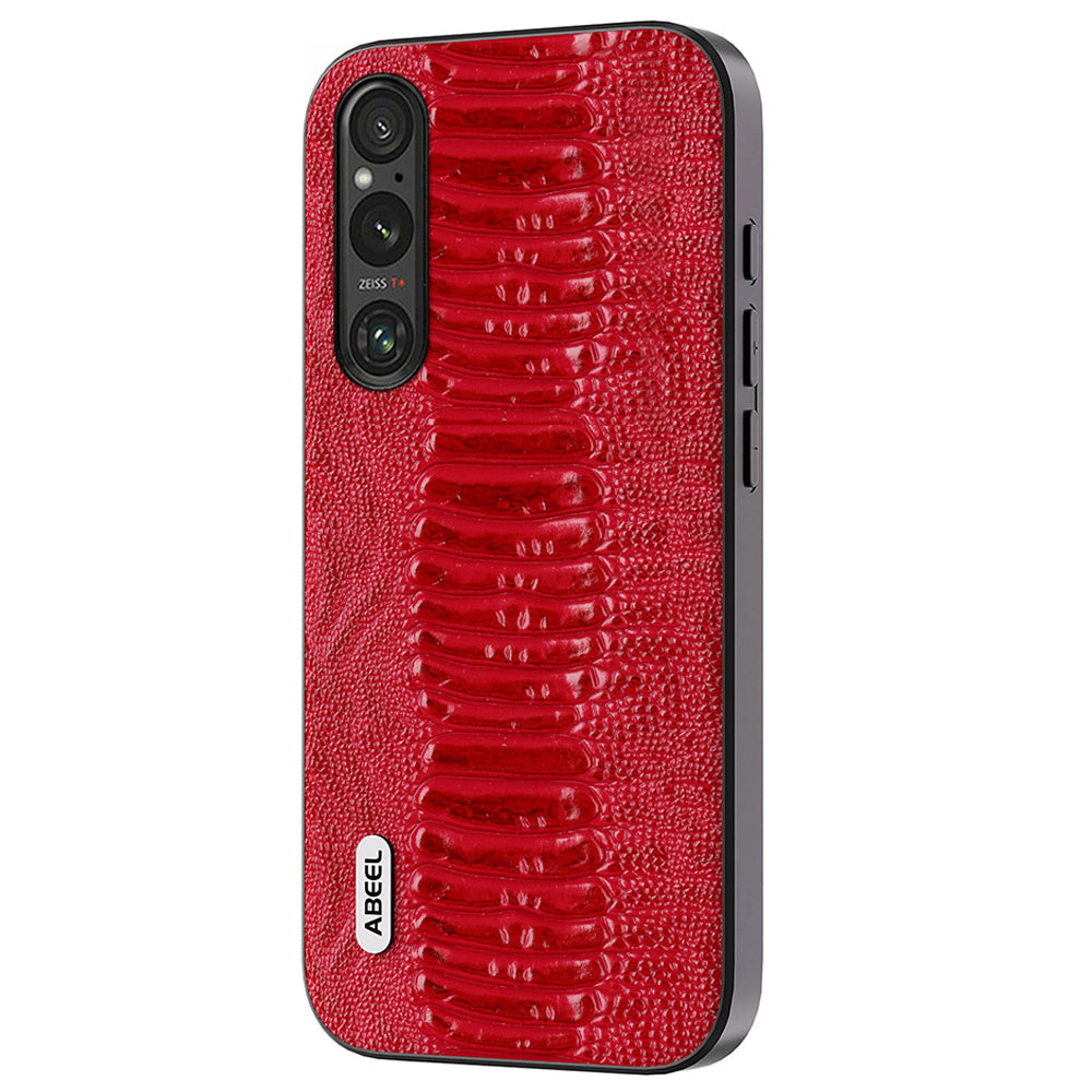 Uniqkart For Sony Xperia 1 IV 5G Anti-drop Crocodile Texture PC+TPU Phone Case Genuine Cow Leather Coated Cover - Red