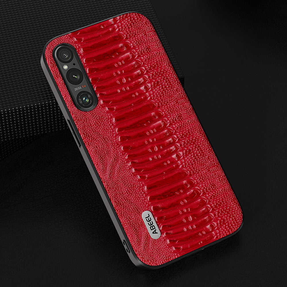 Uniqkart For Sony Xperia 1 IV 5G Anti-drop Crocodile Texture PC+TPU Phone Case Genuine Cow Leather Coated Cover - Red