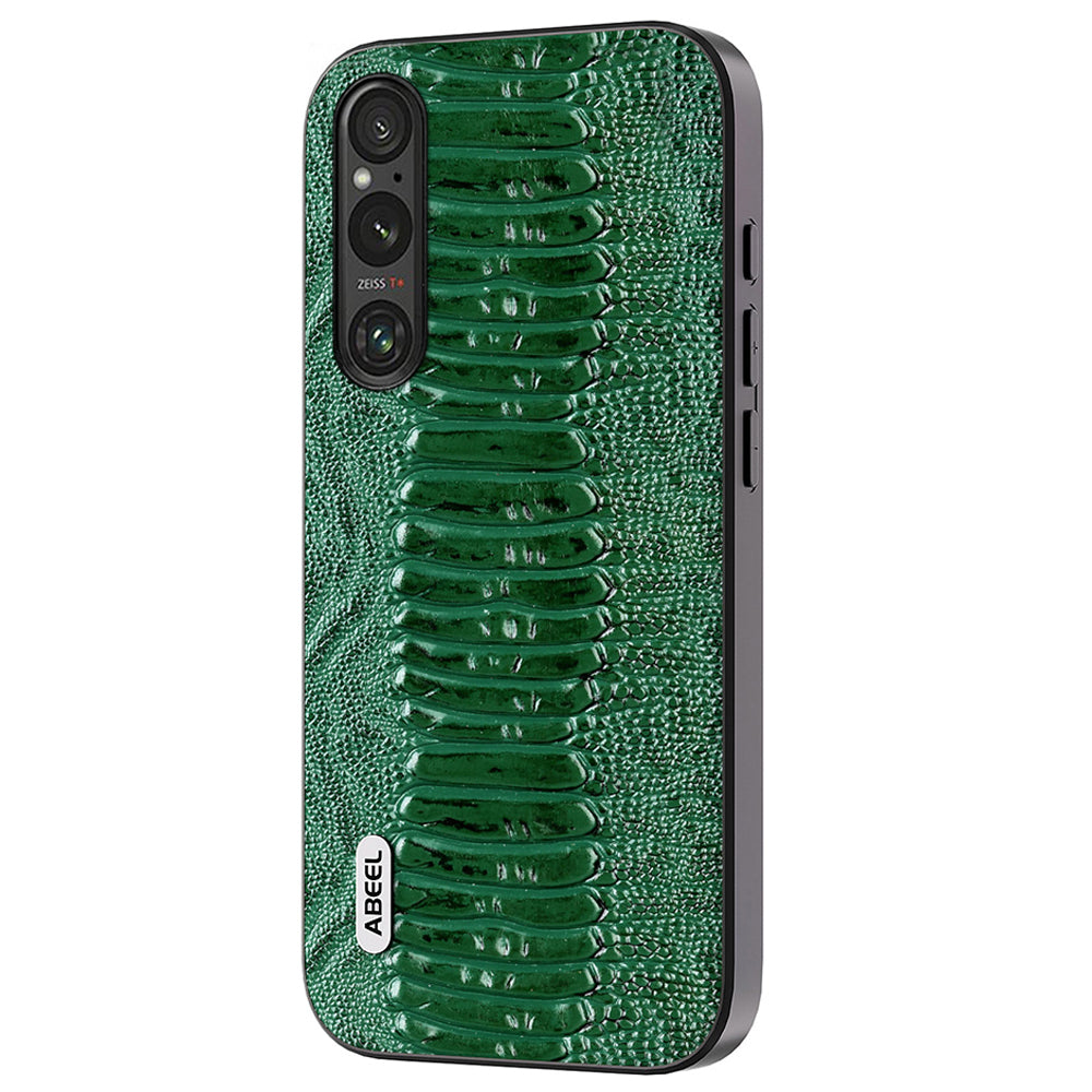 Uniqkart For Sony Xperia 1 IV 5G Anti-drop Crocodile Texture PC+TPU Phone Case Genuine Cow Leather Coated Cover - Green
