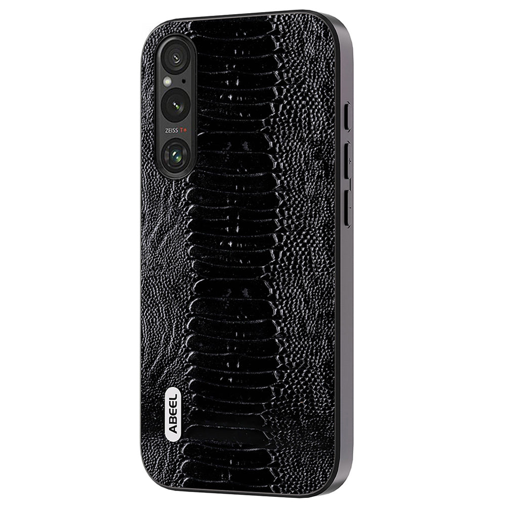 Uniqkart For Sony Xperia 1 IV 5G Anti-drop Crocodile Texture PC+TPU Phone Case Genuine Cow Leather Coated Cover - Black