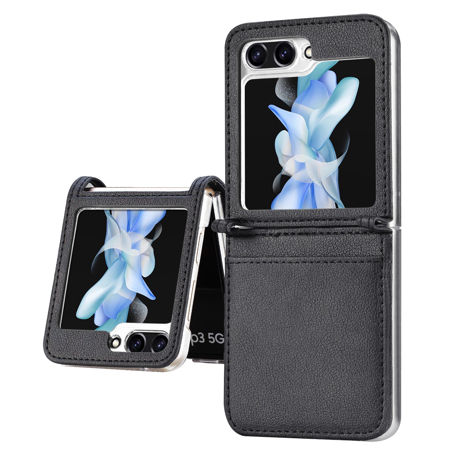 Uniqkart for Samsung Galaxy Z Flip5 5G PU Leather+PC Phone Case Ultra-Thin Litchi Texture Card Slot Kickstand Cover - Black