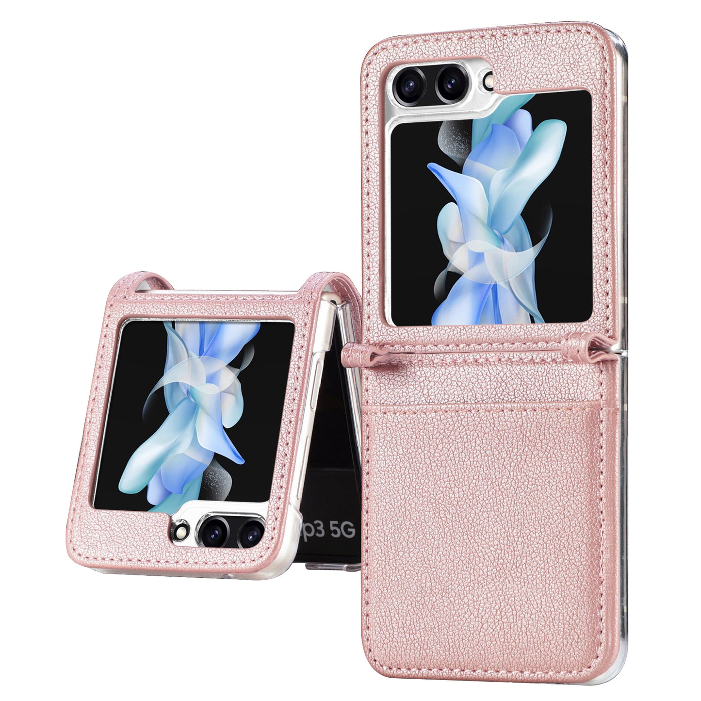 Uniqkart for Samsung Galaxy Z Flip5 5G PU Leather+PC Phone Case Ultra-Thin Litchi Texture Card Slot Kickstand Cover - Rose Gold