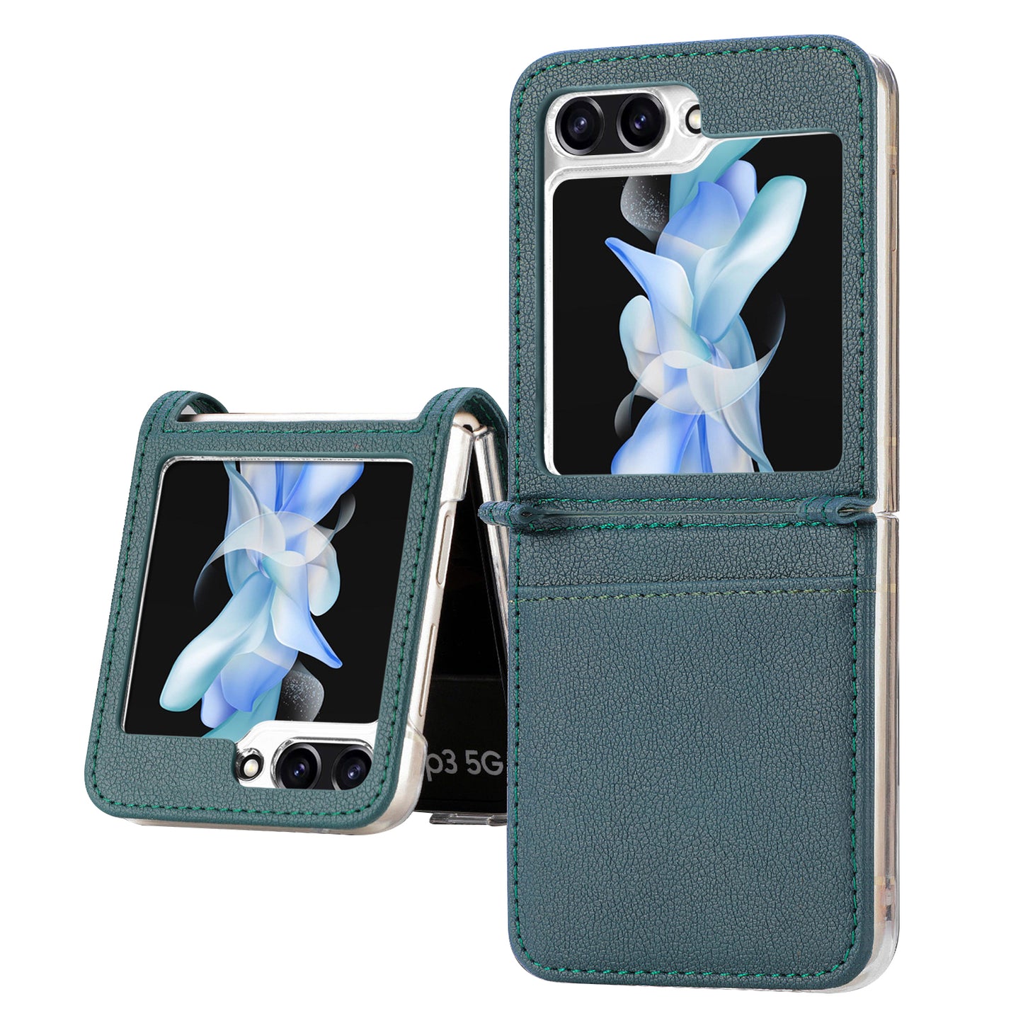 Uniqkart for Samsung Galaxy Z Flip5 5G PU Leather+PC Phone Case Ultra-Thin Litchi Texture Card Slot Kickstand Cover - Green