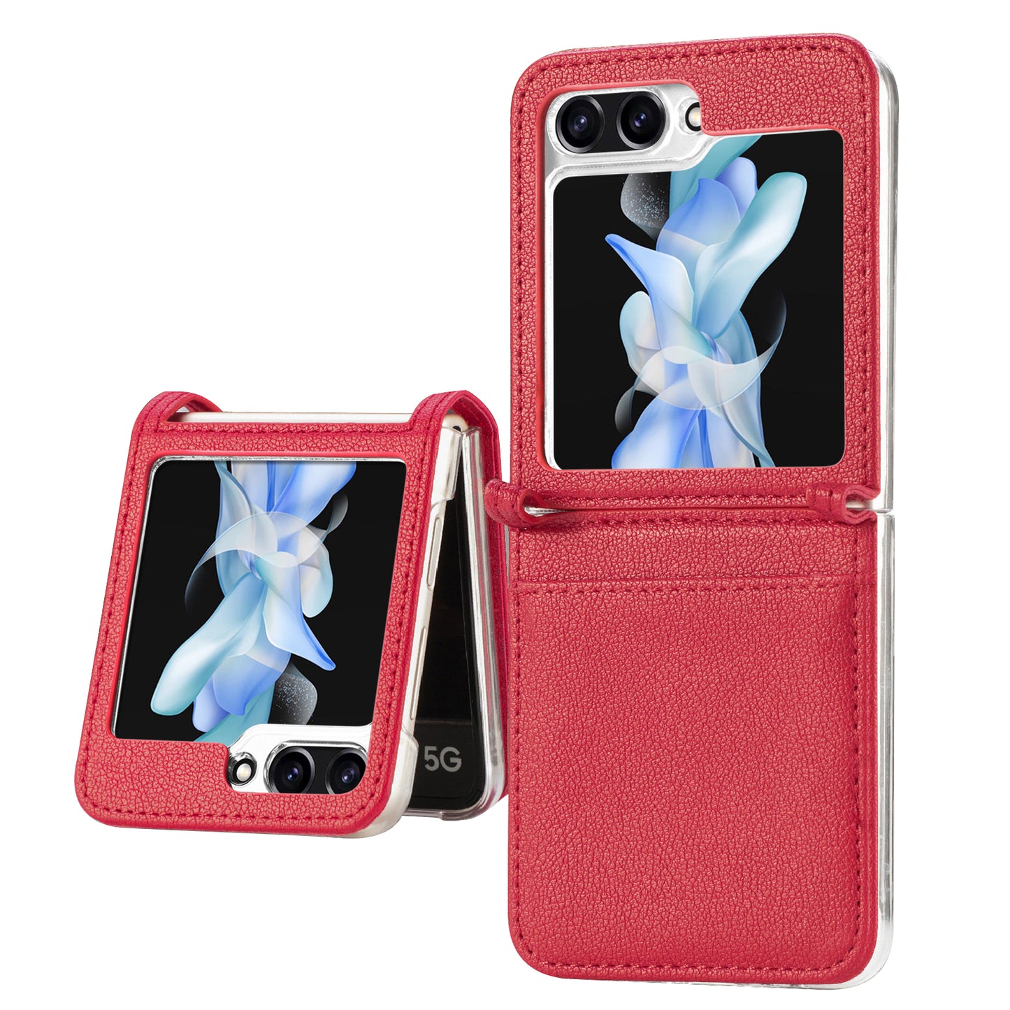 Uniqkart for Samsung Galaxy Z Flip5 5G PU Leather+PC Phone Case Ultra-Thin Litchi Texture Card Slot Kickstand Cover - Red