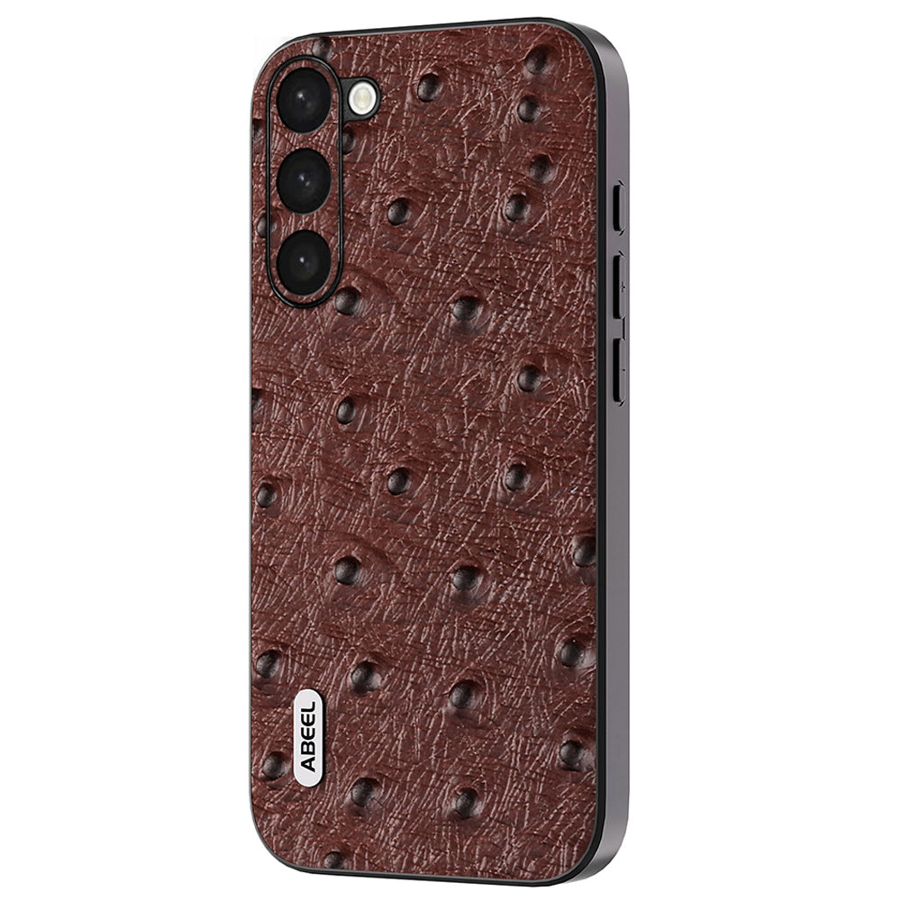 Uniqkart Drop-proof Case for Samsung Galaxy S23+ , Ostrich Texture Genuine Cow Leather+PC+TPU Phone Back Cover - Coffee