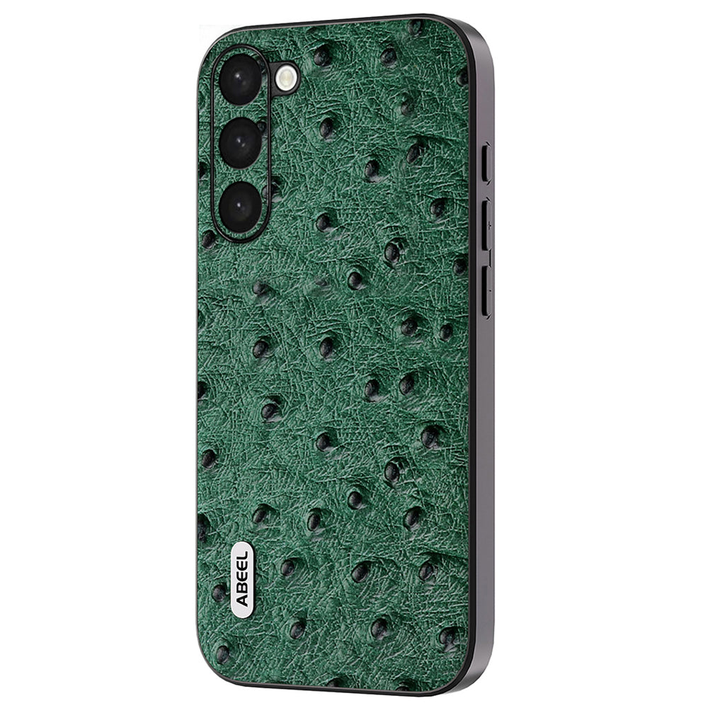 Uniqkart Drop-proof Case for Samsung Galaxy S23+ , Ostrich Texture Genuine Cow Leather+PC+TPU Phone Back Cover - Green