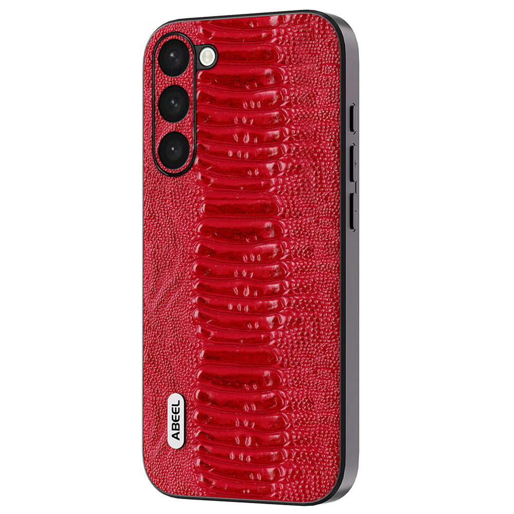 Uniqkart For Samsung Galaxy S23 Phone Case Crocodile Texture Genuine Cow Leather Coated PC+TPU Back Cover - Red