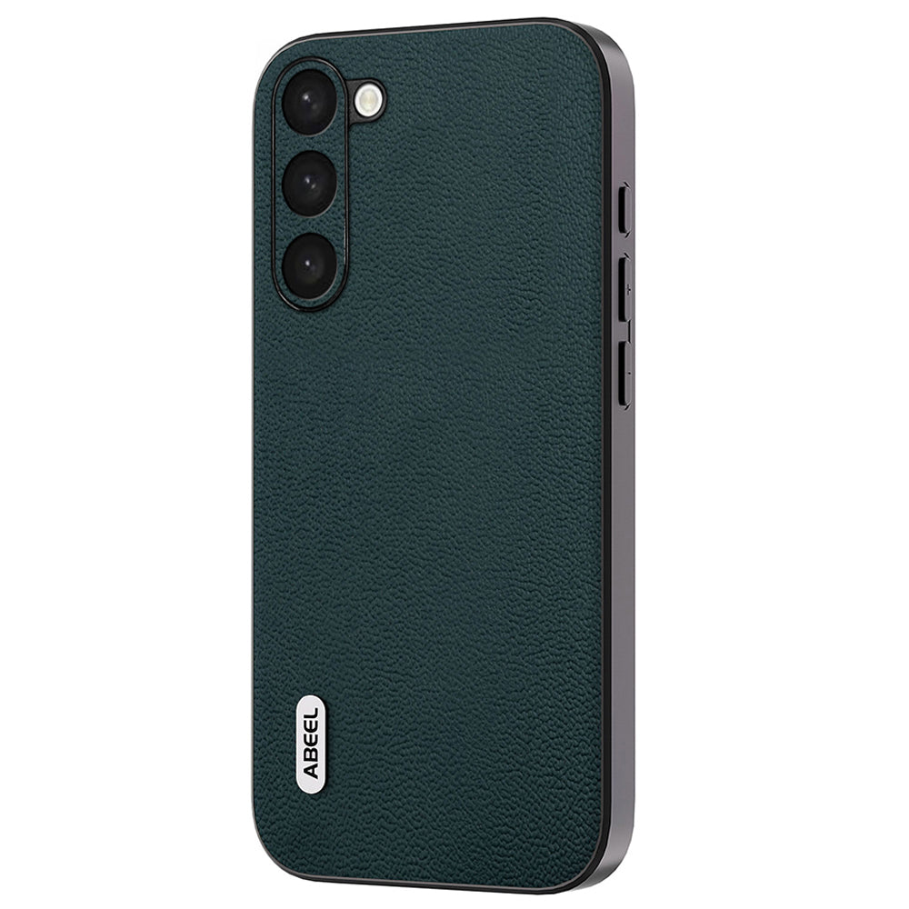 Uniqkart For Samsung Galaxy S23 Back Protector Litchi Texture Genuine Cow Leather+PC+TPU Cover Case - Midnight Green
