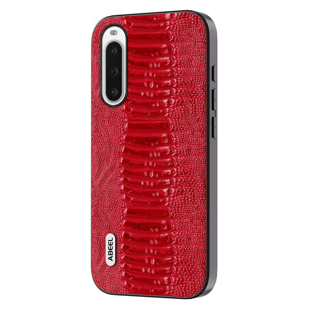 Uniqkart For Sony Xperia 10 V Genuine Cow Leather Coated Crocodile Texture Cover PC+TPU Phone Case - Red