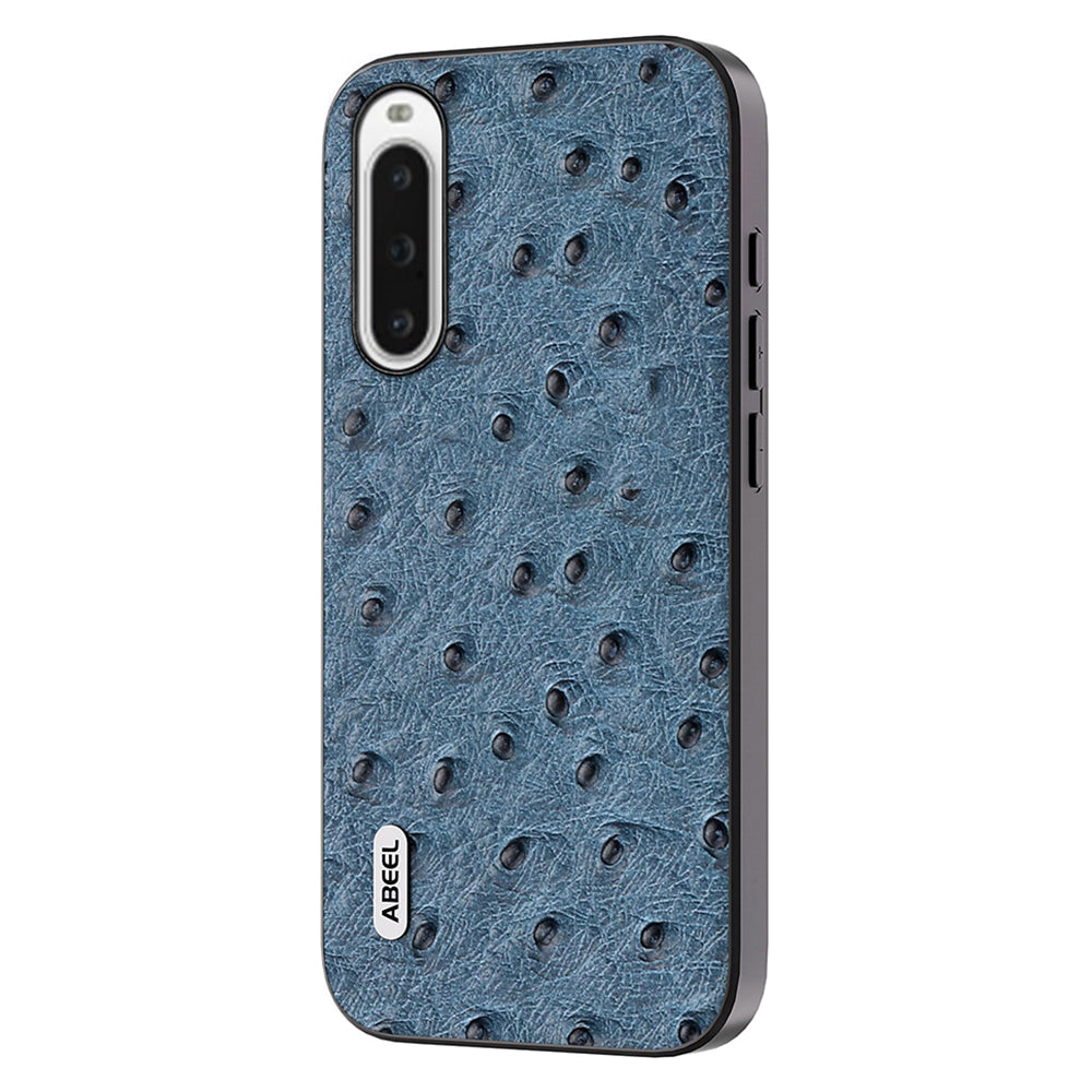 Uniqkart Ostrich Texture Phone Case for Sony Xperia 10 V Genuine Cow Leather+PC+TPU Anti-fall Cover - Blue