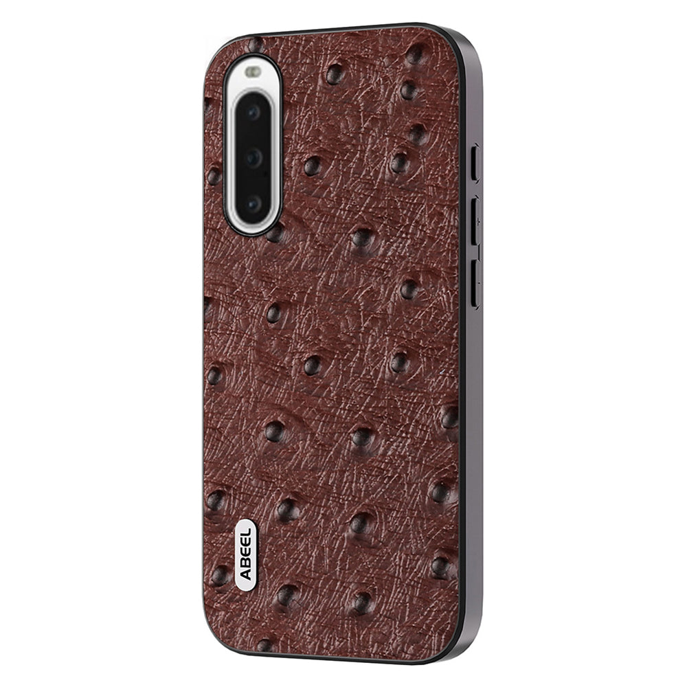 Uniqkart Ostrich Texture Phone Case for Sony Xperia 10 V Genuine Cow Leather+PC+TPU Anti-fall Cover - Brown