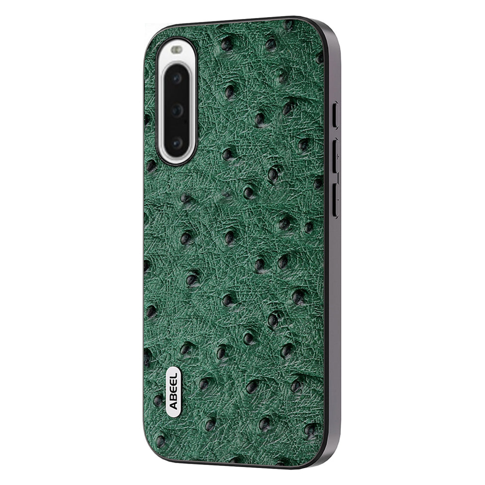 Uniqkart Ostrich Texture Phone Case for Sony Xperia 10 V Genuine Cow Leather+PC+TPU Anti-fall Cover - Green
