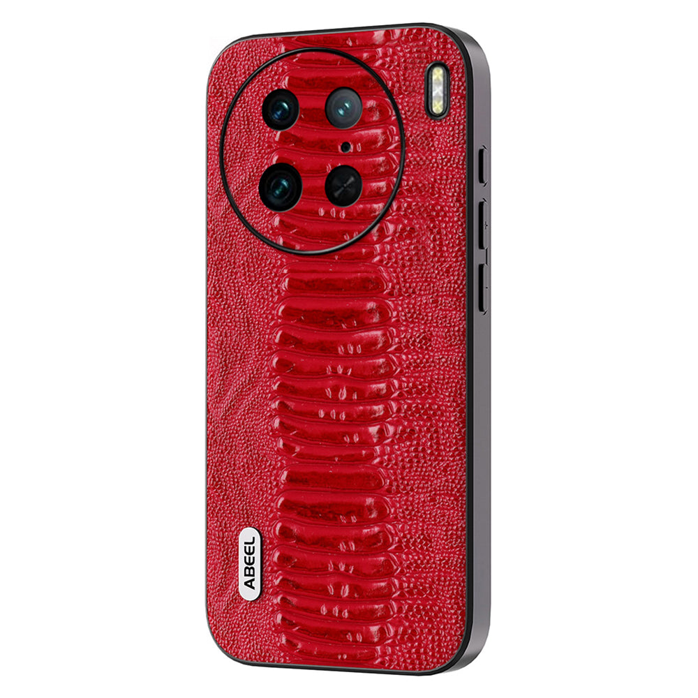 Genuine Cow Leather Coated Cover for vivo X90 5G Crocodile Texture PC+TPU Phone Case - Red