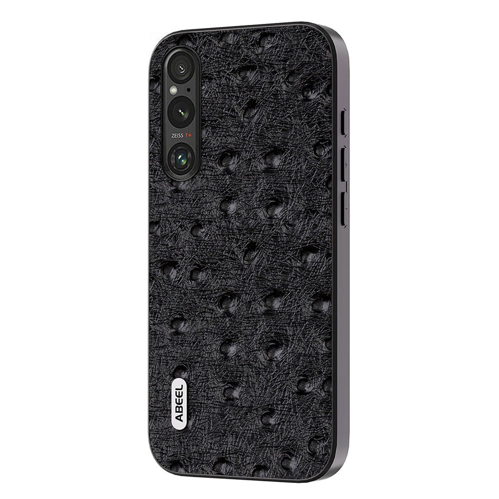 Uniqkart For Sony Xperia 1 V Ostrich Texture Genuine Cow Leather Coated Phone Case PC+TPU Back Cover - Black