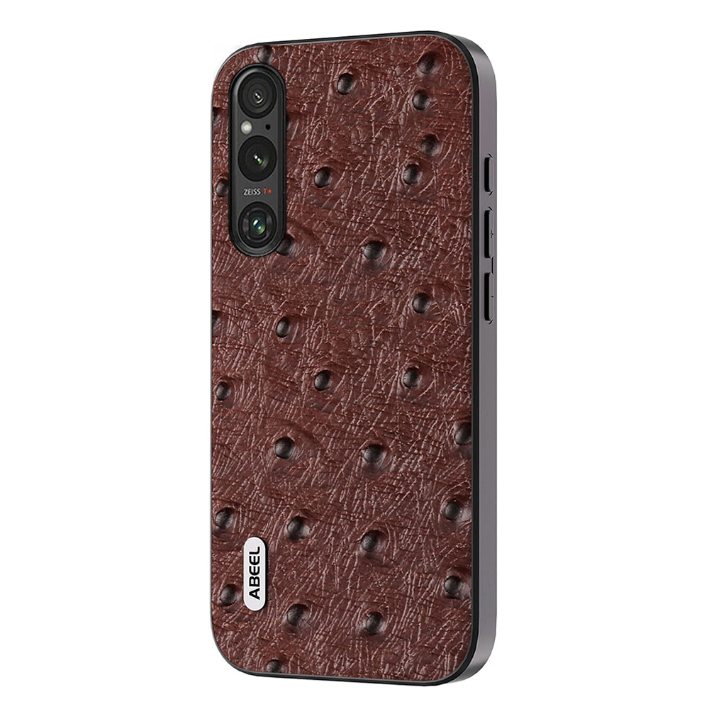 Uniqkart For Sony Xperia 1 V Ostrich Texture Genuine Cow Leather Coated Phone Case PC+TPU Back Cover - Coffee