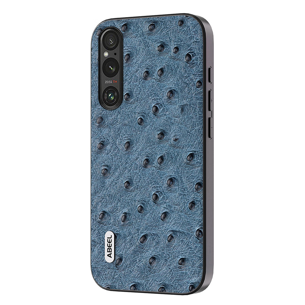 Uniqkart For Sony Xperia 1 V Ostrich Texture Genuine Cow Leather Coated Phone Case PC+TPU Back Cover - Blue