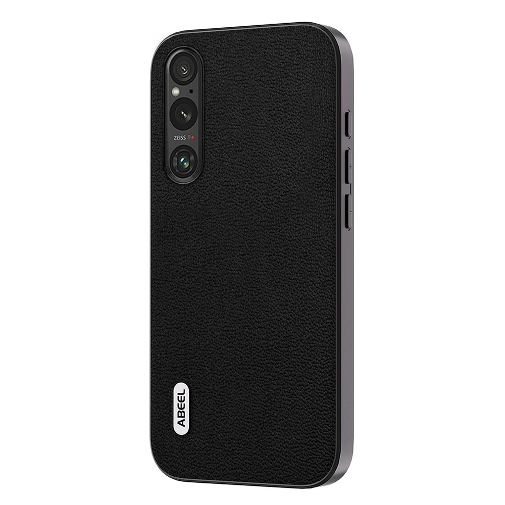 Uniqkart For Sony Xperia 1 V PC+TPU Genuine Cow Leather Coated Cover Litchi Texture Phone Case - Black