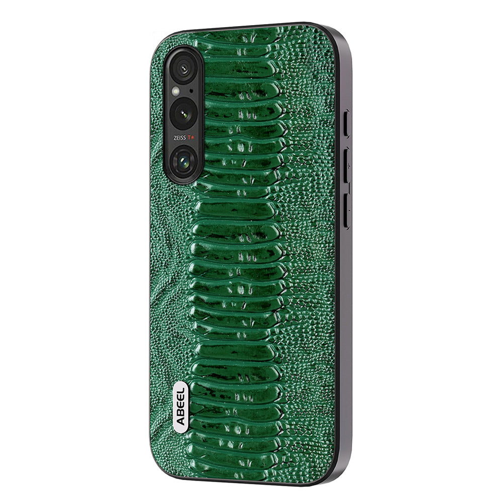 Uniqkart For Sony Xperia 1 V Genuine Cow Leather Coated Phone Cover Crocodile Texture PC+TPU Back Case - Green