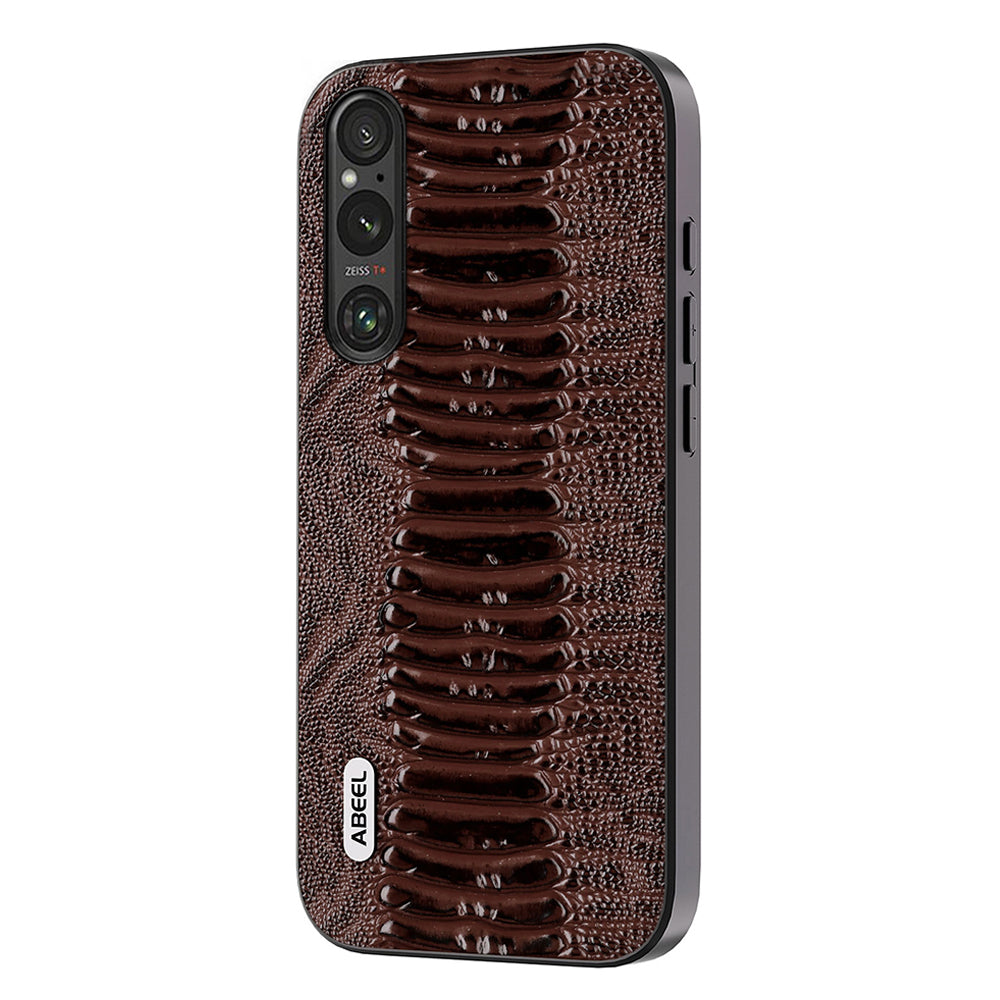 Uniqkart For Sony Xperia 1 V Genuine Cow Leather Coated Phone Cover Crocodile Texture PC+TPU Back Case - Coffee