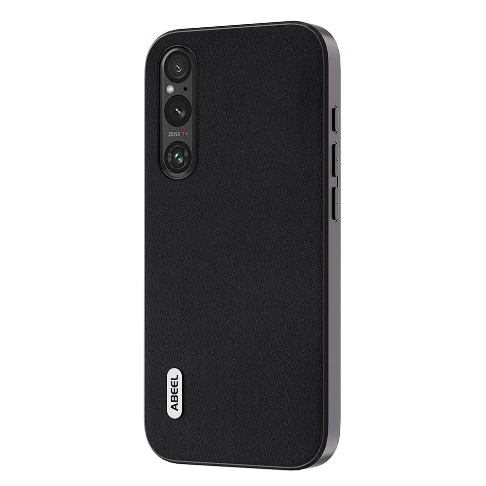 Uniqkart For Sony Xperia 1 V Nappa Texture Genuine Cow Leather Coated Case PC+TPU Phone Cover - Black