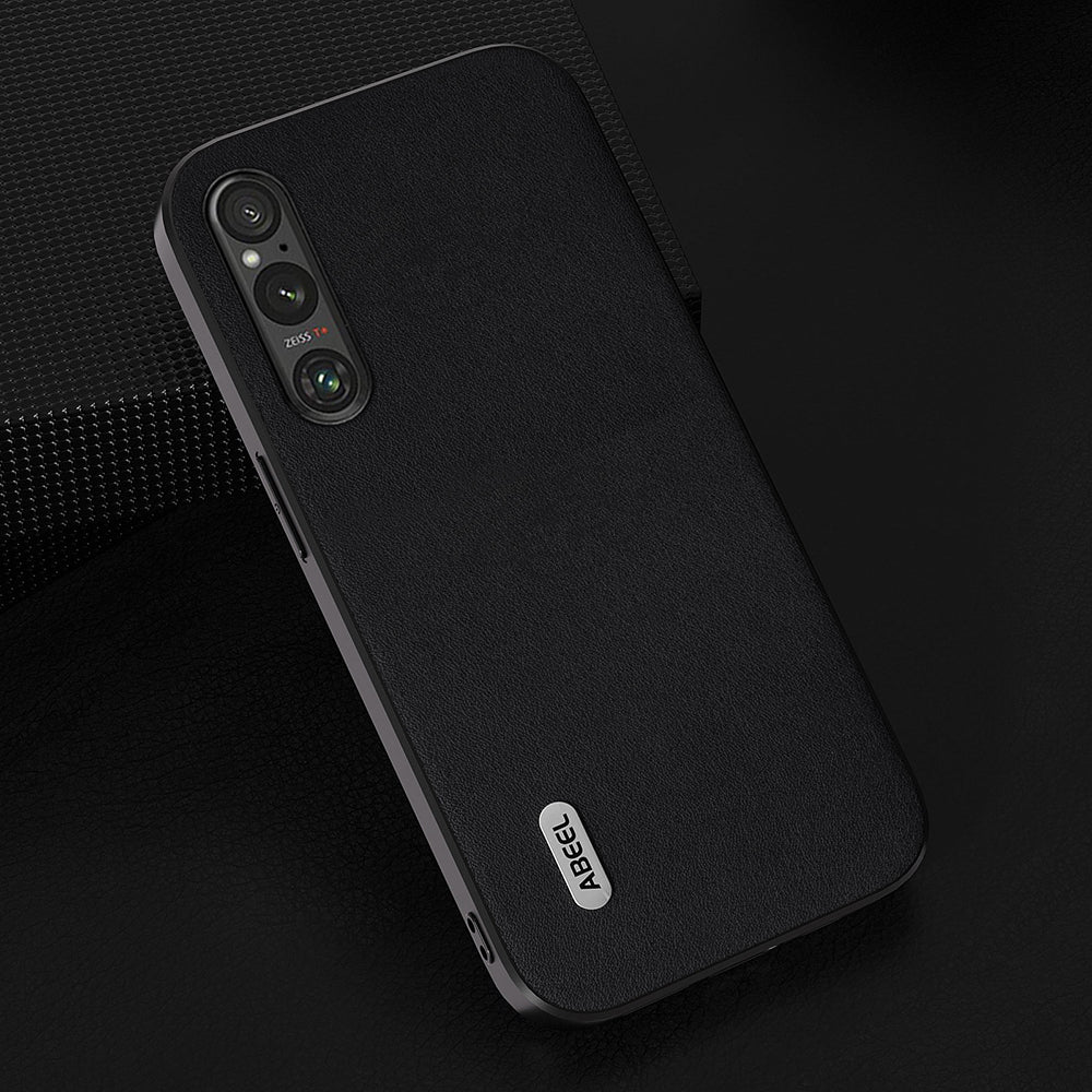 Uniqkart For Sony Xperia 1 V Nappa Texture Genuine Cow Leather Coated Case PC+TPU Phone Cover - Black