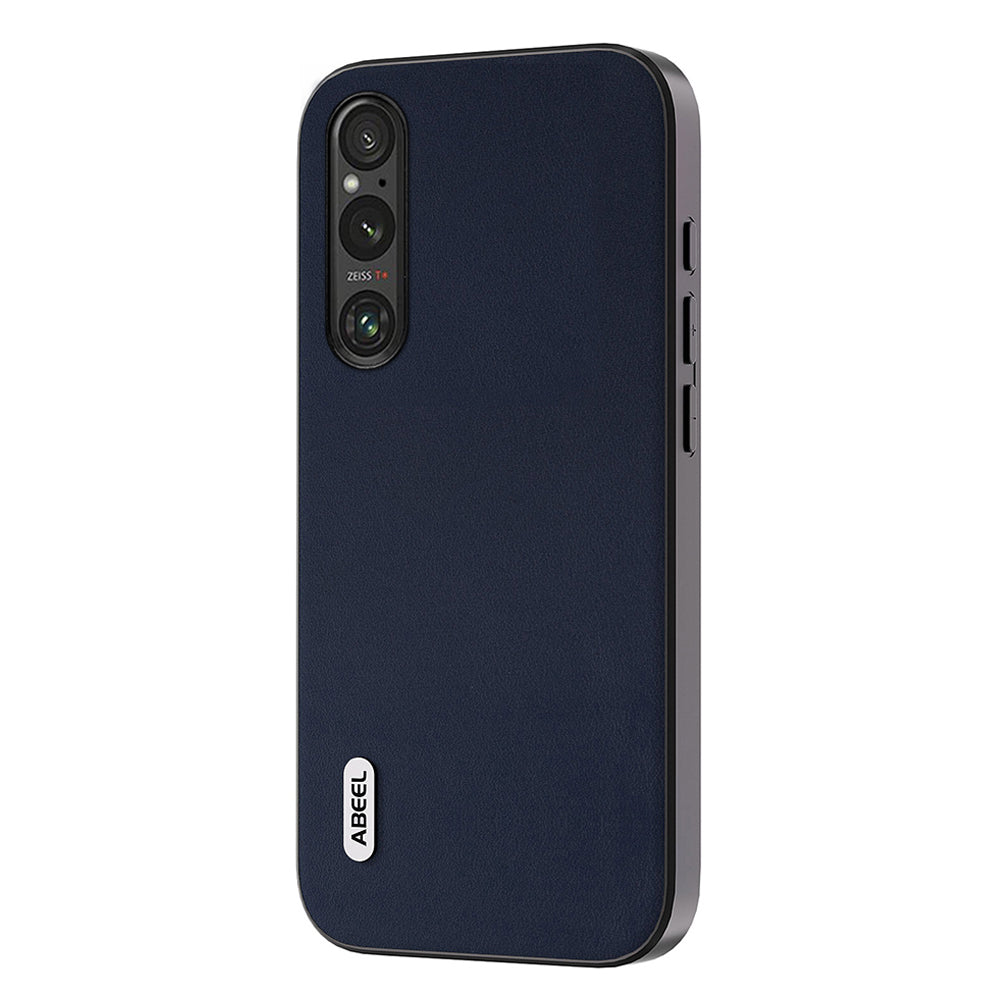 Uniqkart For Sony Xperia 1 V Nappa Texture Genuine Cow Leather Coated Case PC+TPU Phone Cover - Blue