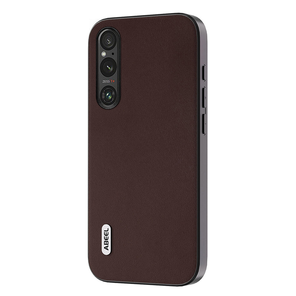 Uniqkart For Sony Xperia 1 V Nappa Texture Genuine Cow Leather Coated Case PC+TPU Phone Cover - Coffee