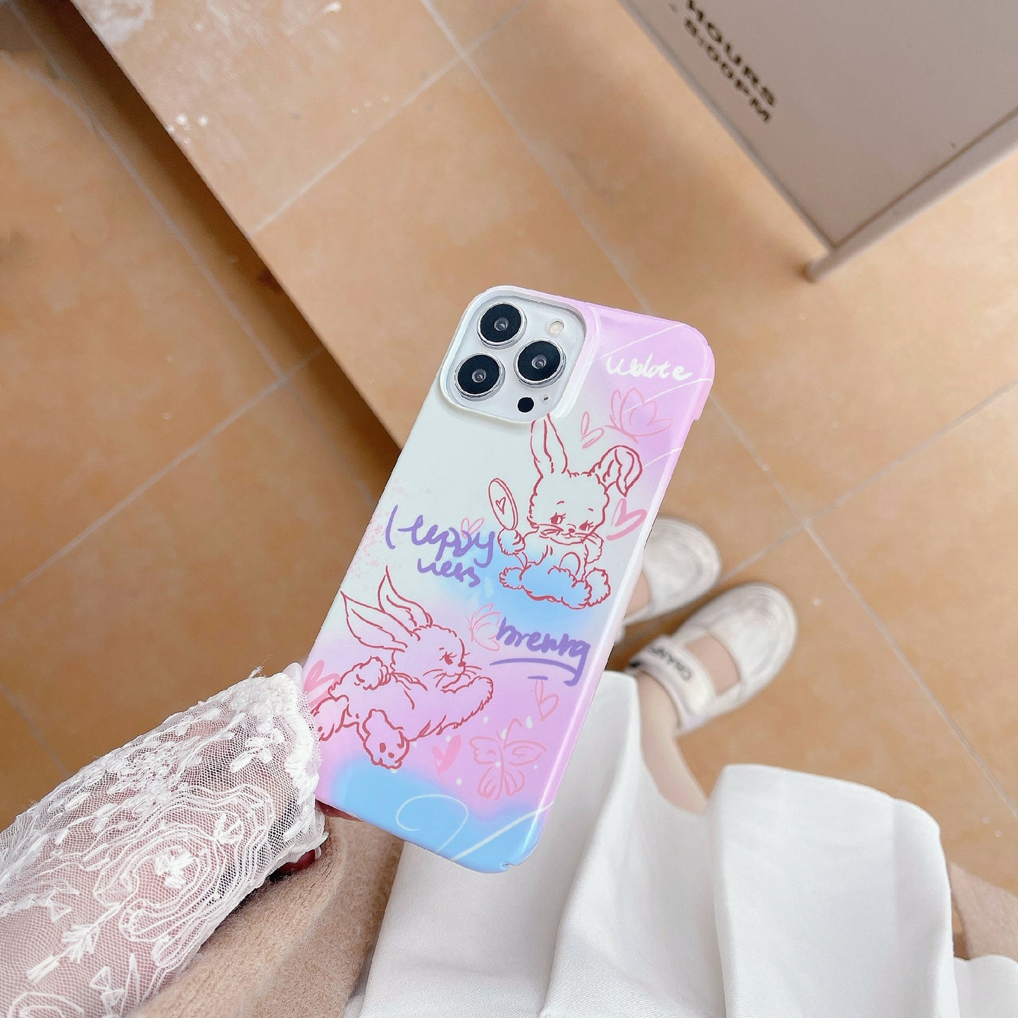 Uniqkart for iPhone 12 Pro Max 6.7 inch Hard PC Phone Case Pattern Printing Protective Glossy Phone Shell - Line Rabbit